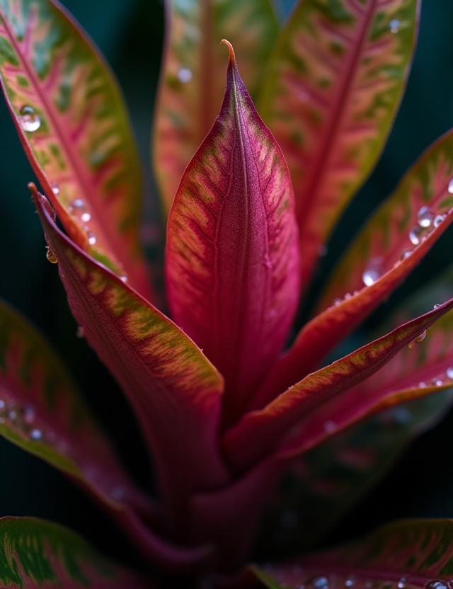 Primo piano di una pianta esotica con fogliame colorato.